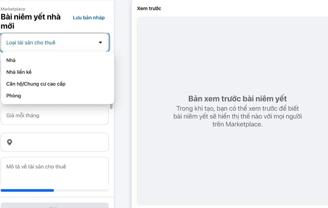 Danh sách Loại tài sản trên Marketplace: Nhà, Nhà liền kề, Căn hộ/Chung cư cao cấp và Phòng